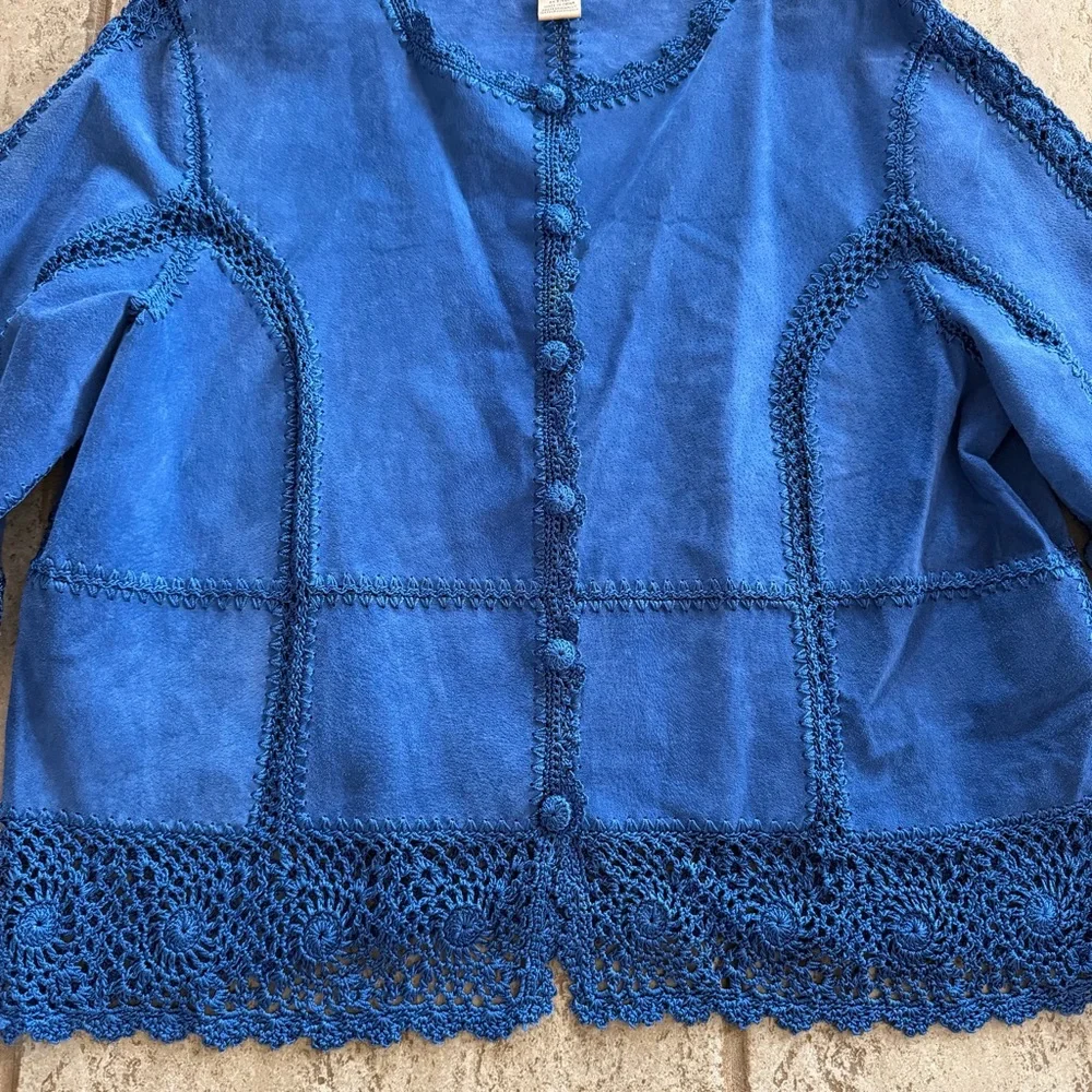 Vintage Y2K Size XL Blue Suede Leather Patchwork Jacket Lace Western‎ Crochet